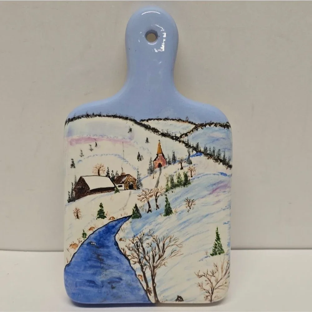 Vintage Handpainted Ceramic Cutting Board Wall Hanging Winter Christmas Decor